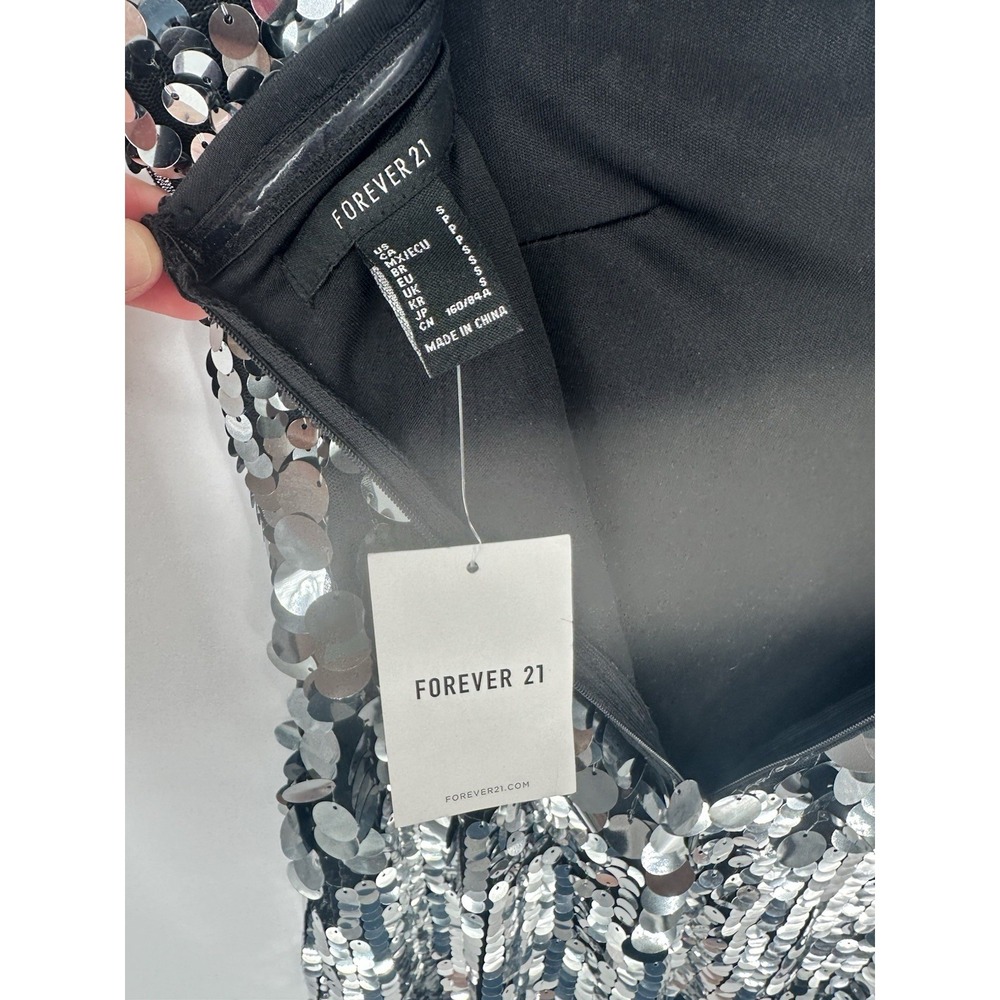 Sequin Strapless Midi Dress XS New FOREVER 21 Women's Black Silver Metallic NWT - Picture 5 of 6